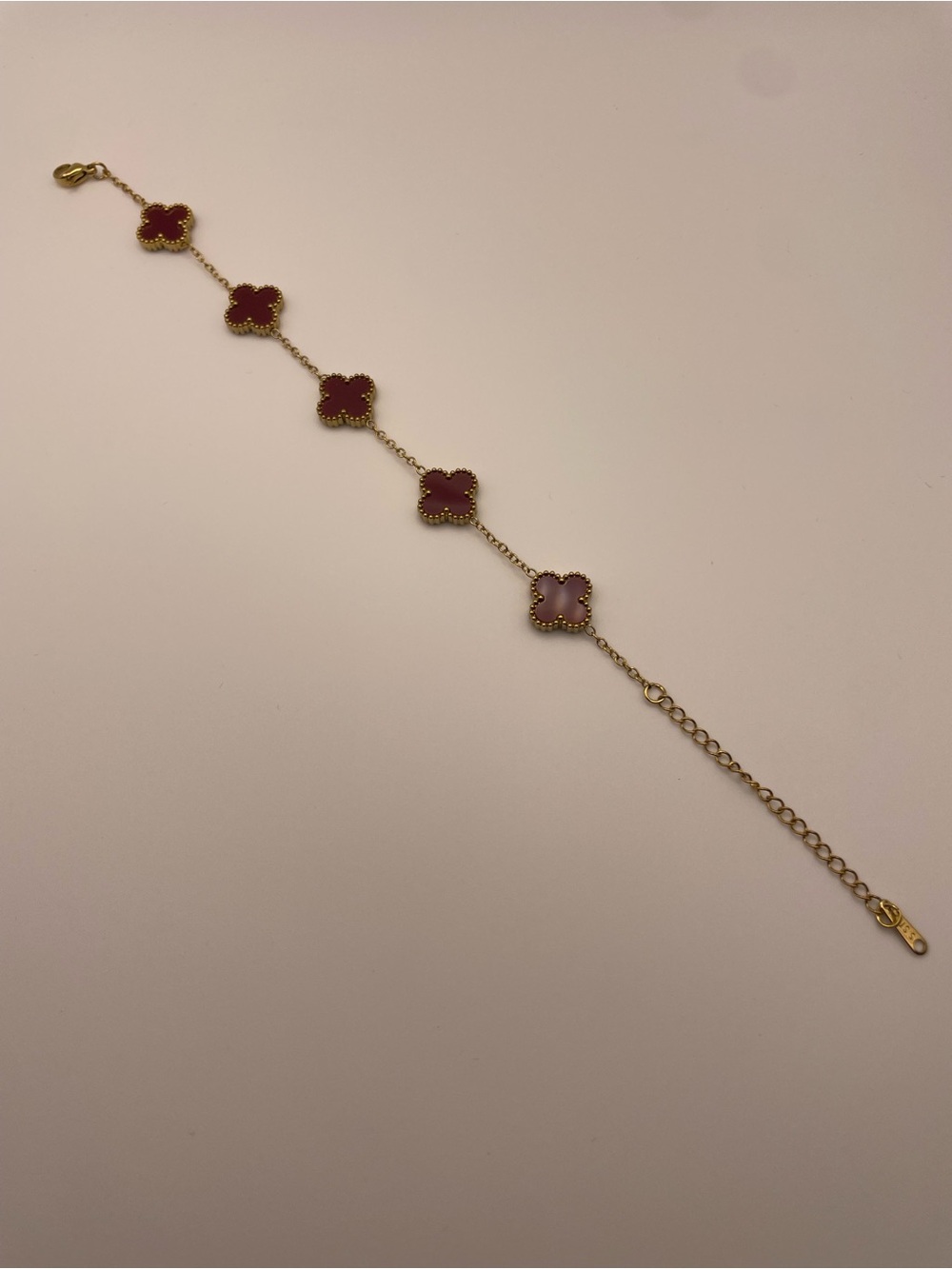Gold Bracelet with Burgundy 4 leaf Clover